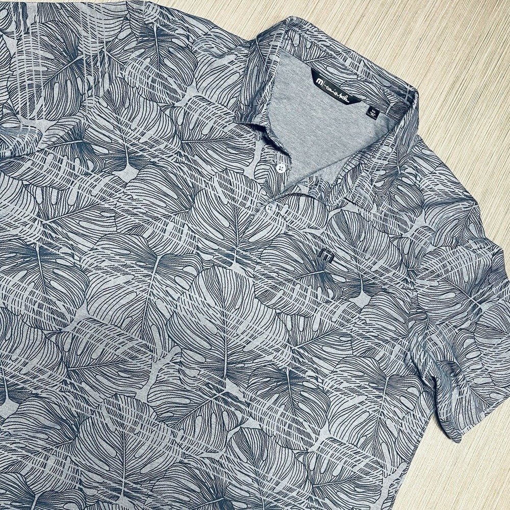 Travis Mathew Polo Shirt Mens XXL Blue Tropical Floral Leaf Golf AOP Pique